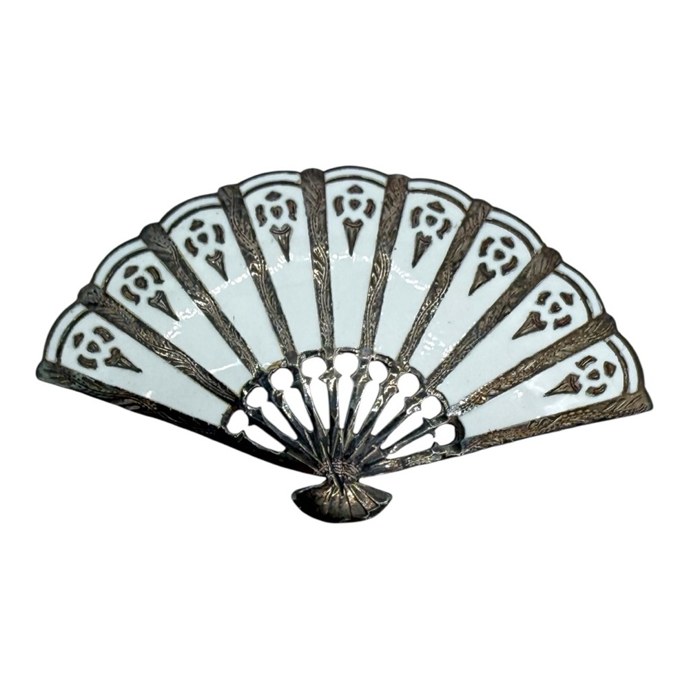 Vintage Siam Sterling Silver & White Enamel Fan Brooch Pin – 925 Handcrafted